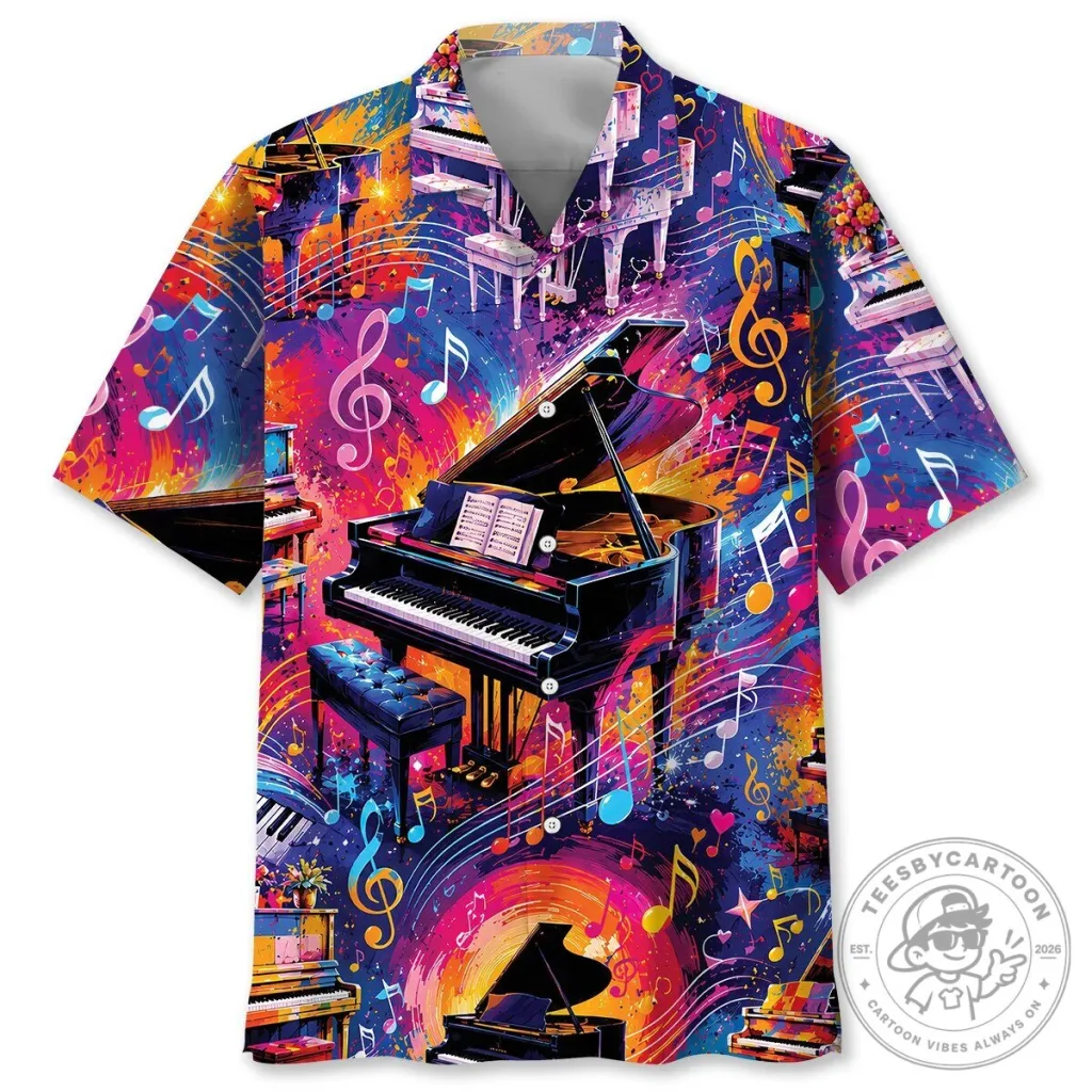 Colorful Piano Music Notes Vintage Art Hawaiian Shirt for Men