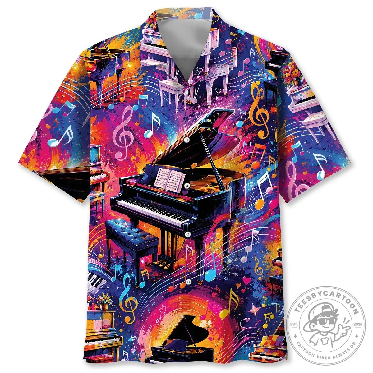 Colorful Piano Music Notes Vintage Art Hawaiian Shirt for Men