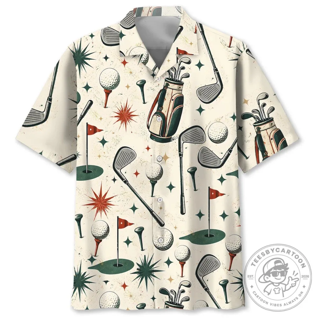 Vintage Golf Club and Ball Pattern Hawaiian Shirt Vintage Golf Club and Ball Pattern Hawaiian Shirt