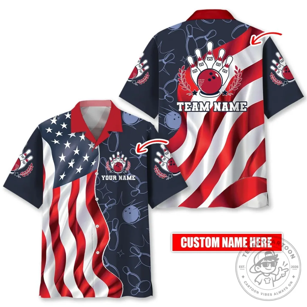 Custom American Flag Bowling Team Name Hawaiian Shirt Custom American Flag Bowling Team Name Hawaiian Shirt