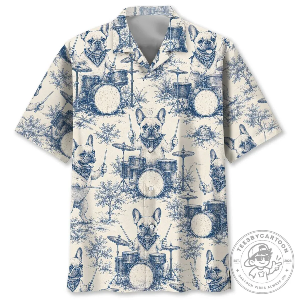 French Bulldog Playing Drums Blue and White Funny Dog Hawaiian Shirt French Bulldog Playing Drums Blue and White Funny Dog Hawaiian Shirt