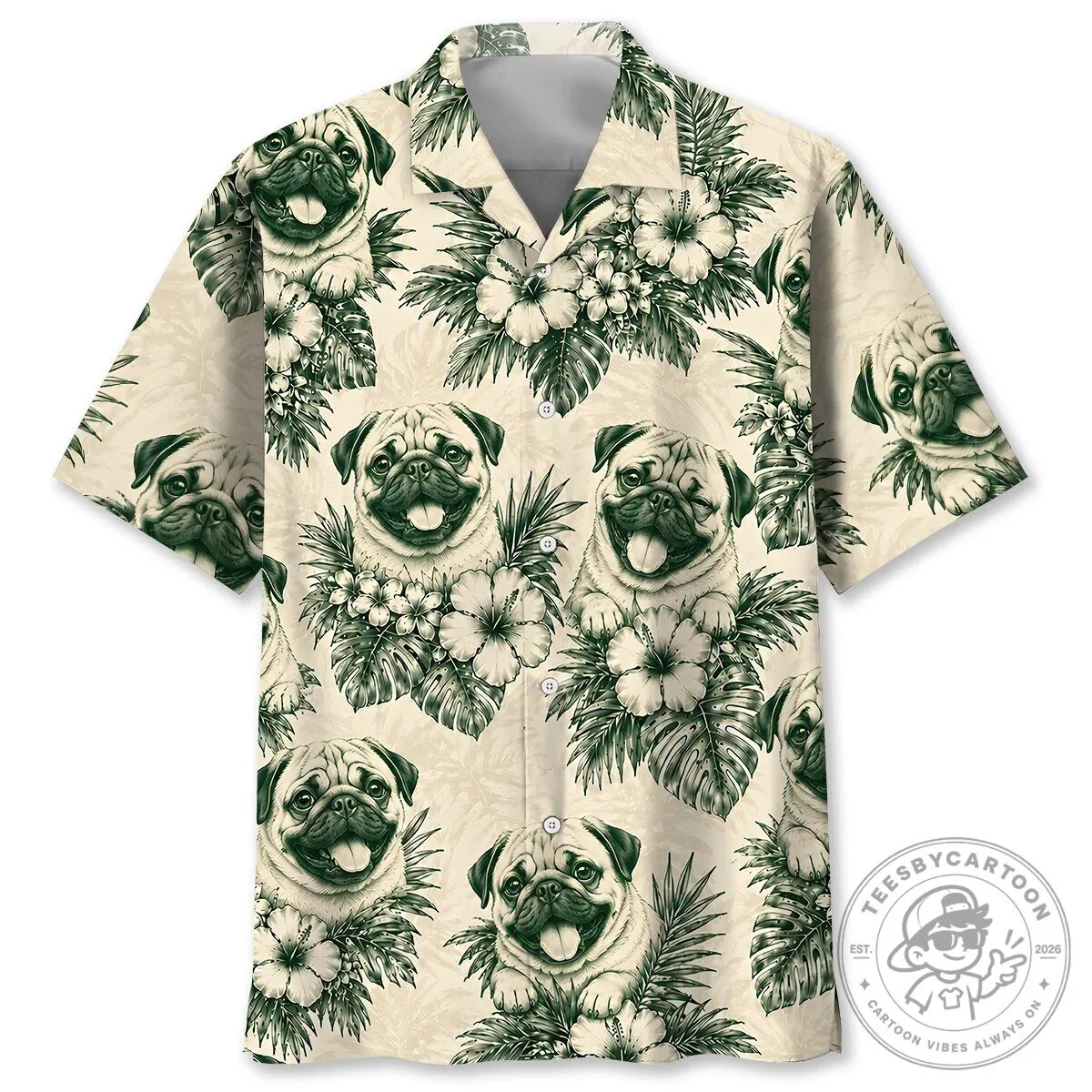 Pug Dog Hibiscus Flower Hawaiian Shirt Cream Forest Green