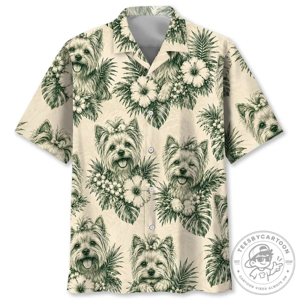Vintage Yorkshire Terrier Hibiscus Flower Cream Forest Green Hawaiian Shirt Vintage Yorkshire Terrier Hibiscus Flower Cream Forest Green Hawaiian Shirt