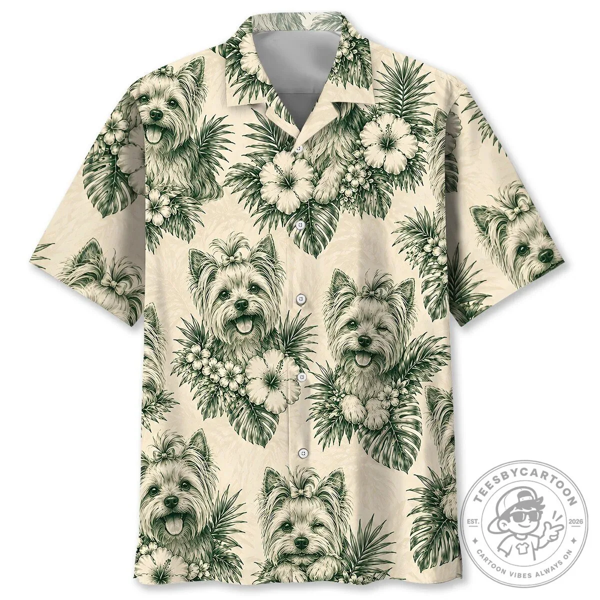 Vintage Yorkshire Terrier Hibiscus Flower Cream Forest Green Hawaiian Shirt
