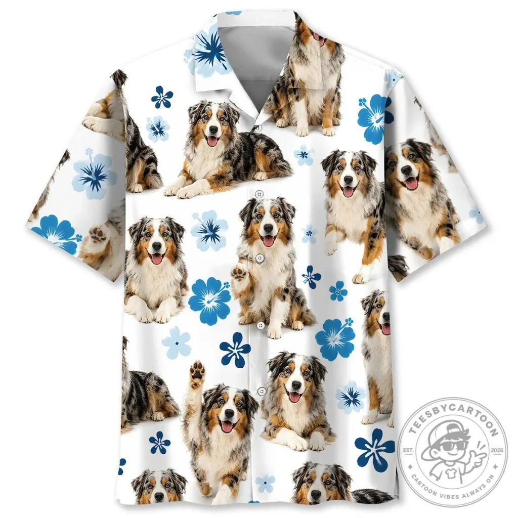 Cute Australian Shepherd Dog Blue Hibiscus Flower Hawaiian Shirt Cute Australian Shepherd Dog Blue Hibiscus Flower Hawaiian Shirt