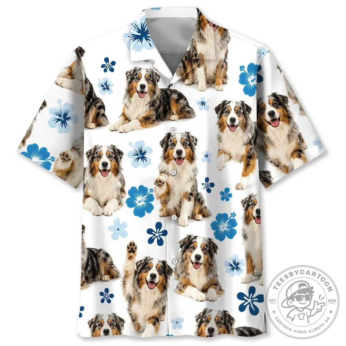 Cute Australian Shepherd Dog Blue Hibiscus Flower Hawaiian Shirt
