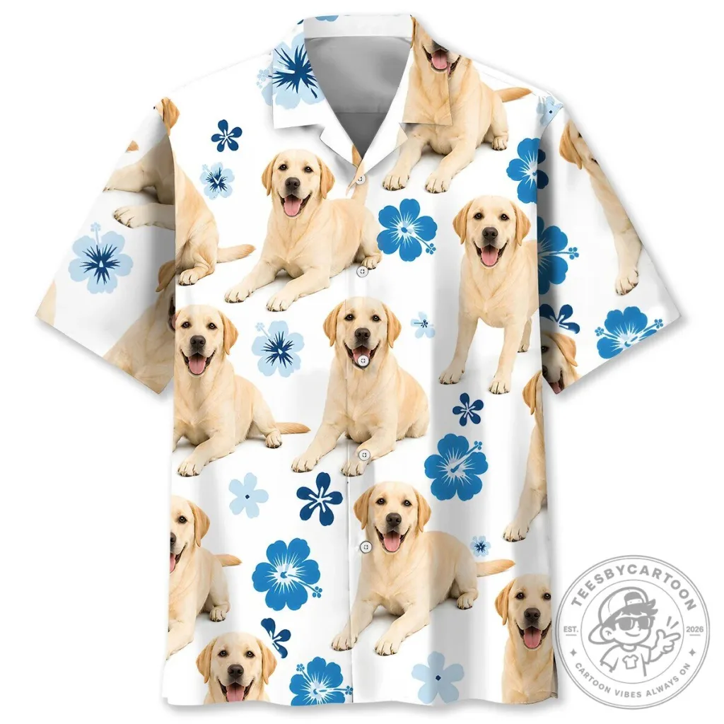 Cute Labrador Retriever Blue Hibiscus Pattern Hawaiian Shirt Cute Labrador Retriever Blue Hibiscus Pattern Hawaiian Shirt