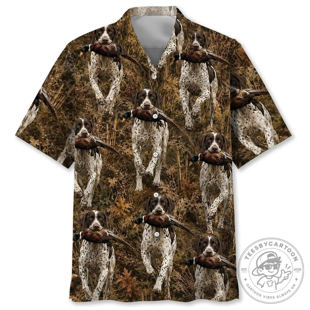 English Pointer Dog Running With Pheasant Hunting Camouflage Hawaiian Shirt