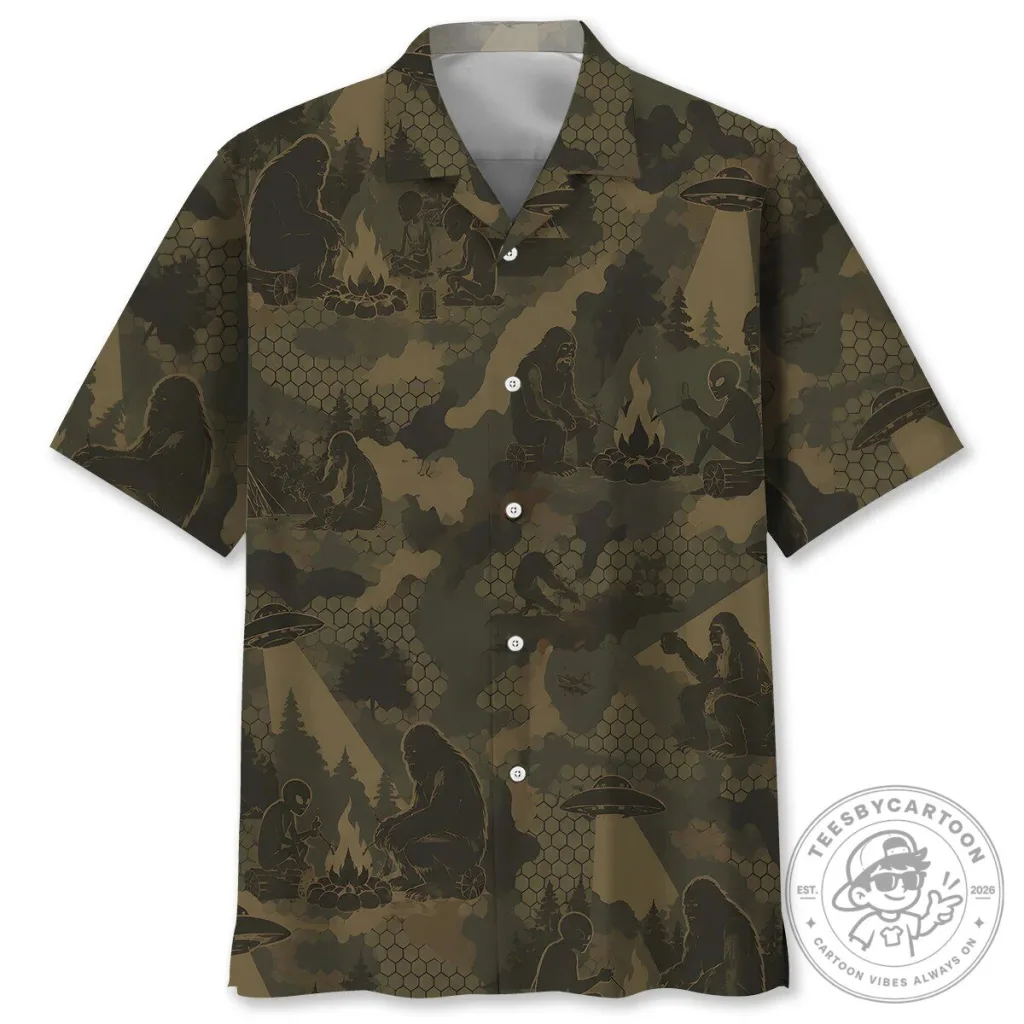 Bigfoot and Alien Camping Camouflage Pattern Hawaiian Shirt Bigfoot and Alien Camping Camouflage Pattern Hawaiian Shirt