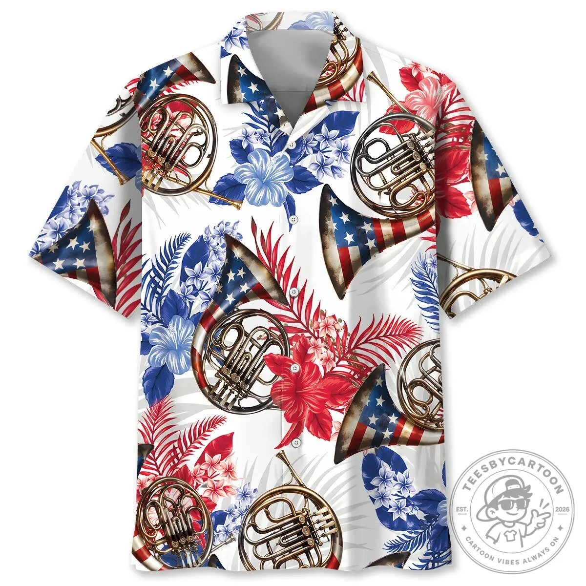 American Flag French Horn Tropical Flowers Hawaiian Shirt