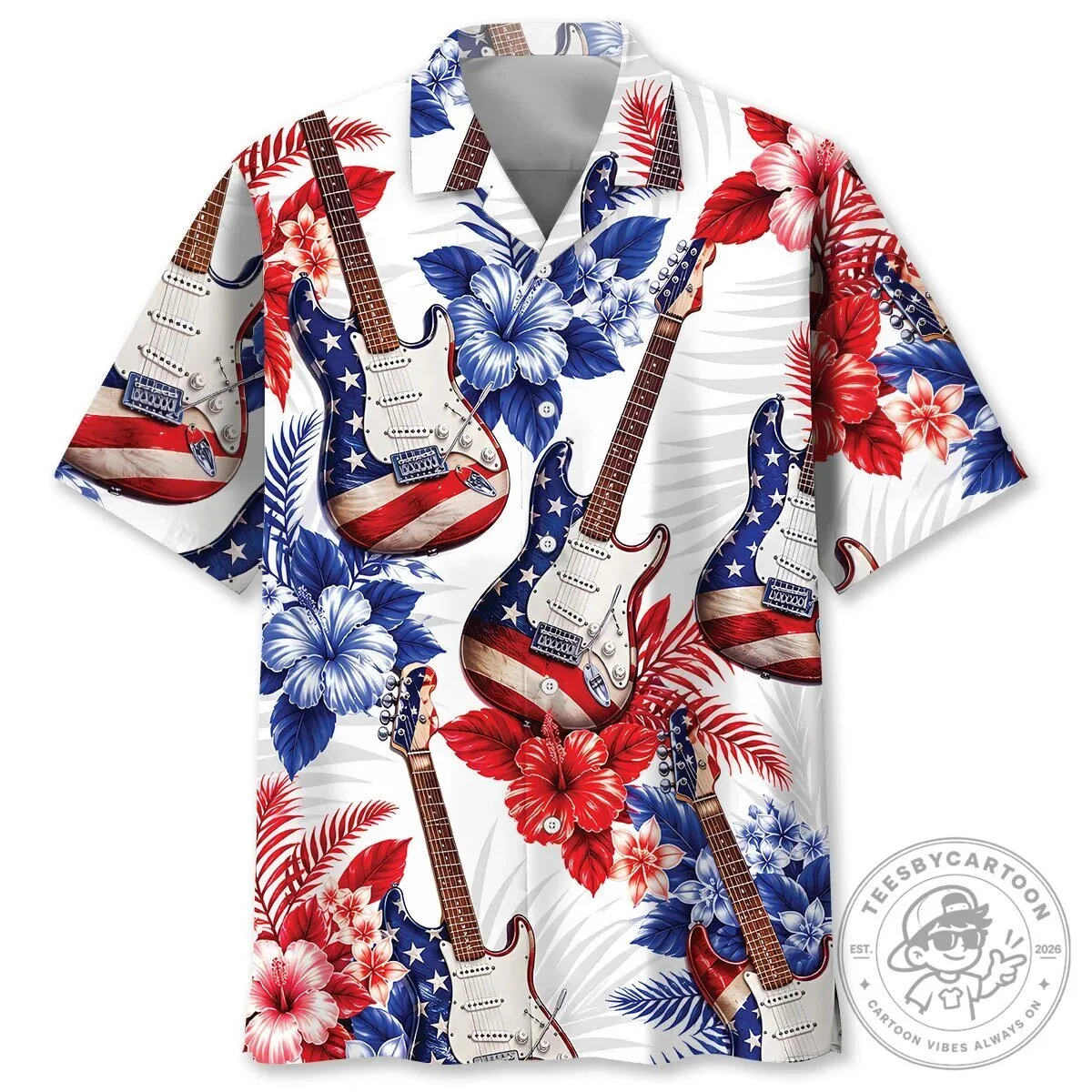 American Flag Electric Guitar Floral Patriotic Hawaiian Shirt