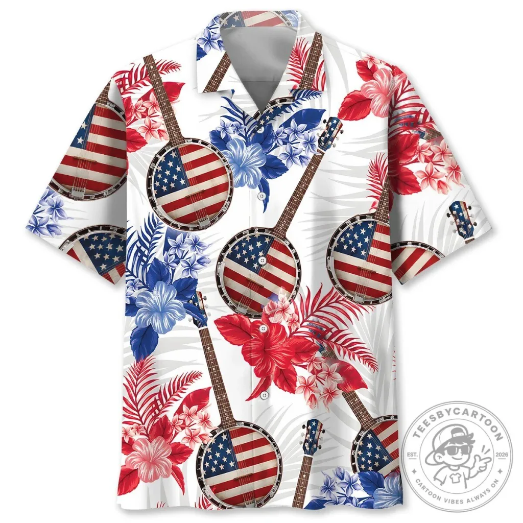 American Flag Banjo Musical Instrument Floral Pattern White Hawaiian Shirt American Flag Banjo Musical Instrument Floral Pattern White Hawaiian Shirt