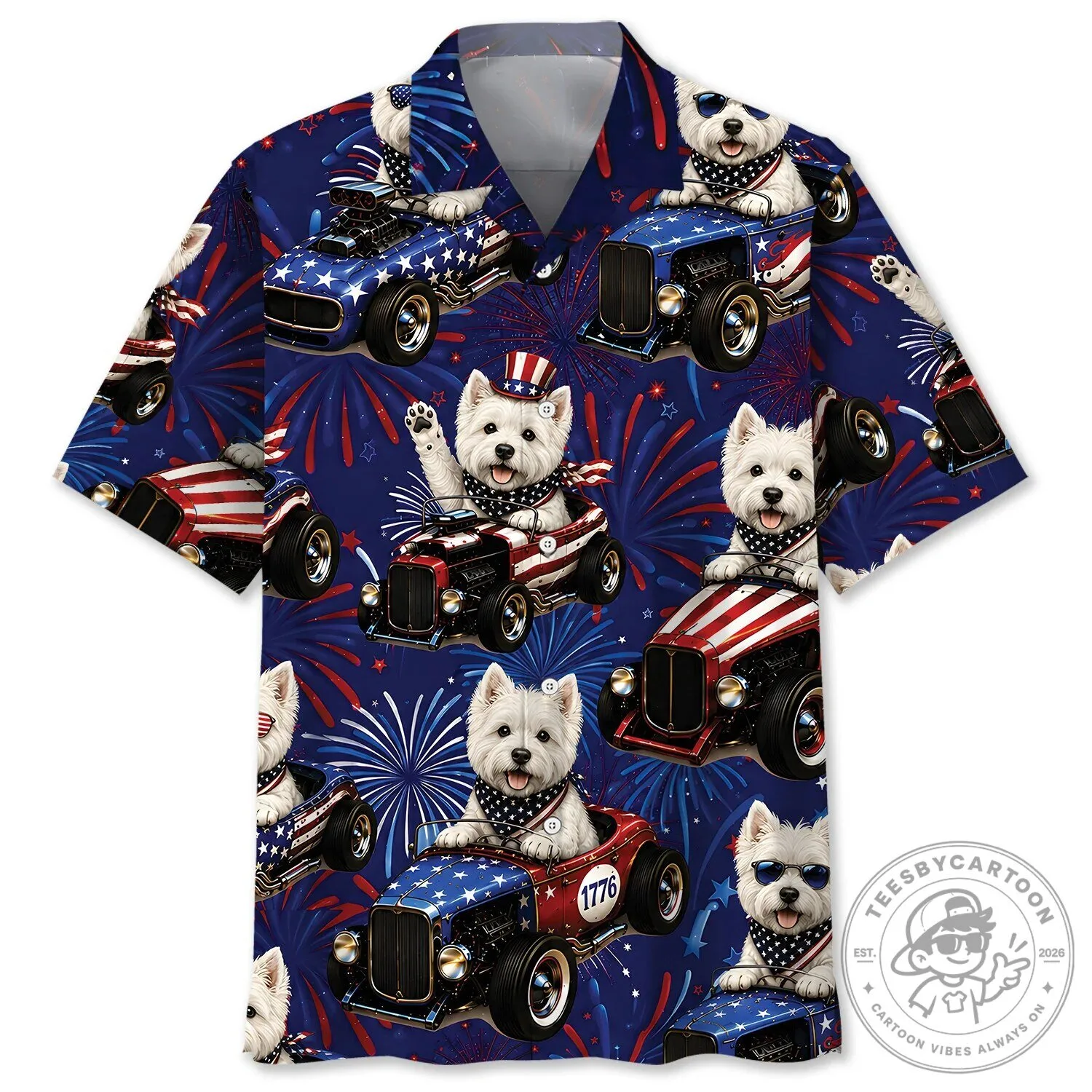 Fourth of July Westie Dog Hot Rod Car Hawaiian Shirt
