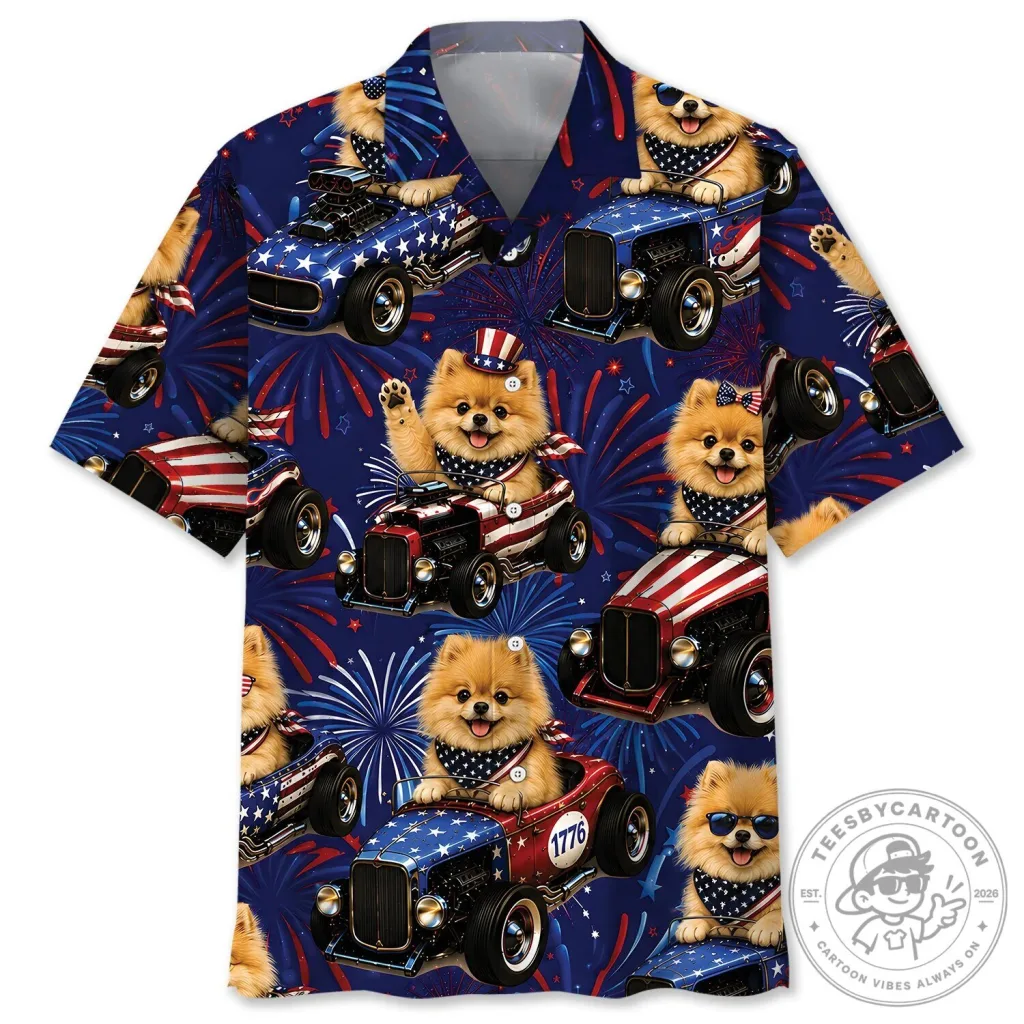 Fourth Of July Pomeranian Hot Rod Fireworks Patriotic Hawaiian Shirt Fourth Of July Pomeranian Hot Rod Fireworks Patriotic Hawaiian Shirt