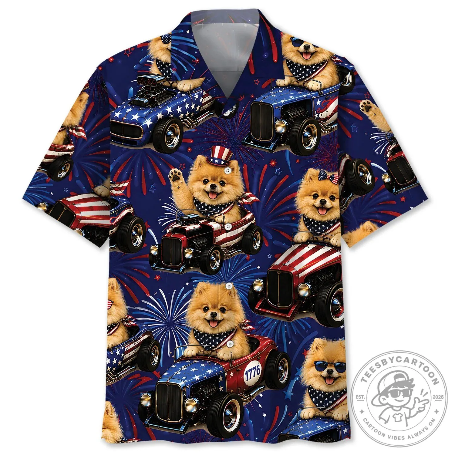 Fourth Of July Pomeranian Hot Rod Fireworks Patriotic Hawaiian Shirt 1 Fourth Of July Pomeranian Hot Rod Fireworks Patriotic Hawaiian Shirt