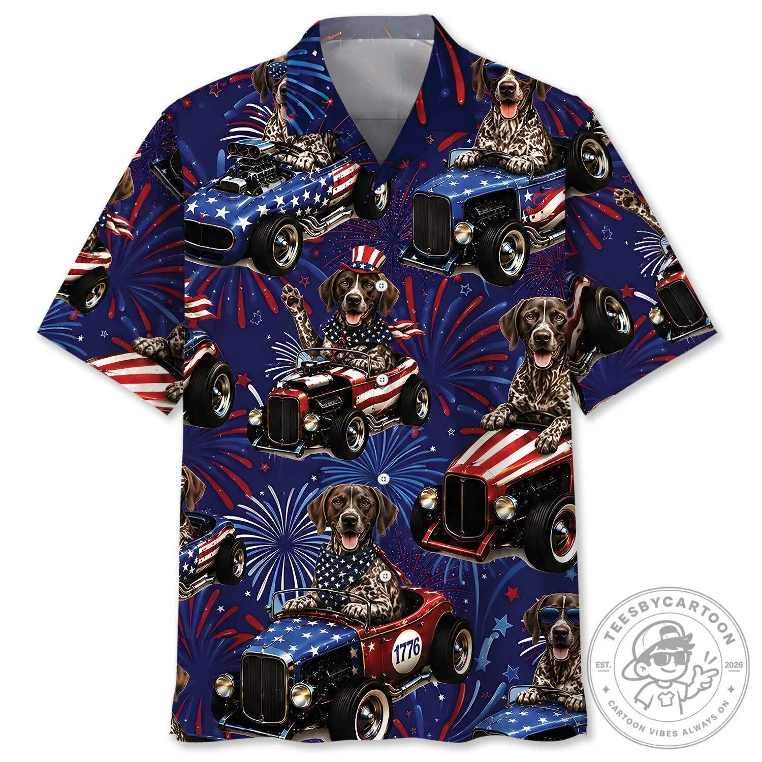 Fourth Of July German Shorthaired Pointer Hot Rod Hawaiian Shirt