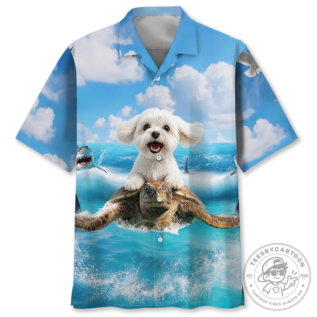 Maltese Dog Riding Sea Turtle Ocean Adventure Hawaiian Shirt