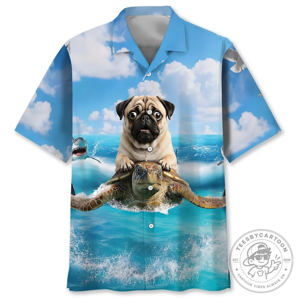 Funny Pug Riding Sea Turtle Ocean Waves Summer Beach Hawaiian Shirt 1 Funny Pug Riding Sea Turtle Ocean Waves Summer Beach Hawaiian Shirt