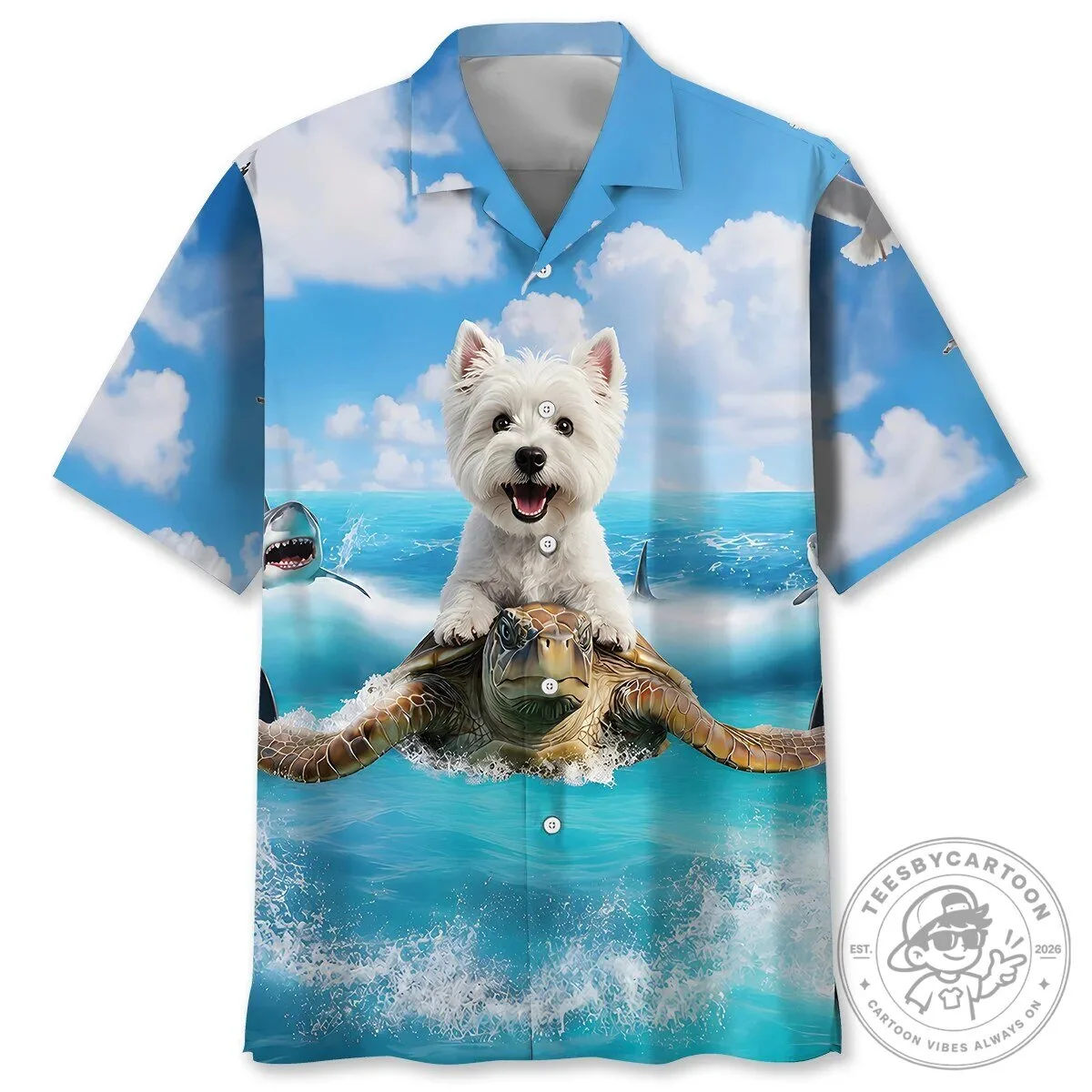Westie Dog Riding Sea Turtle Ocean Scene Hawaiian Shirt