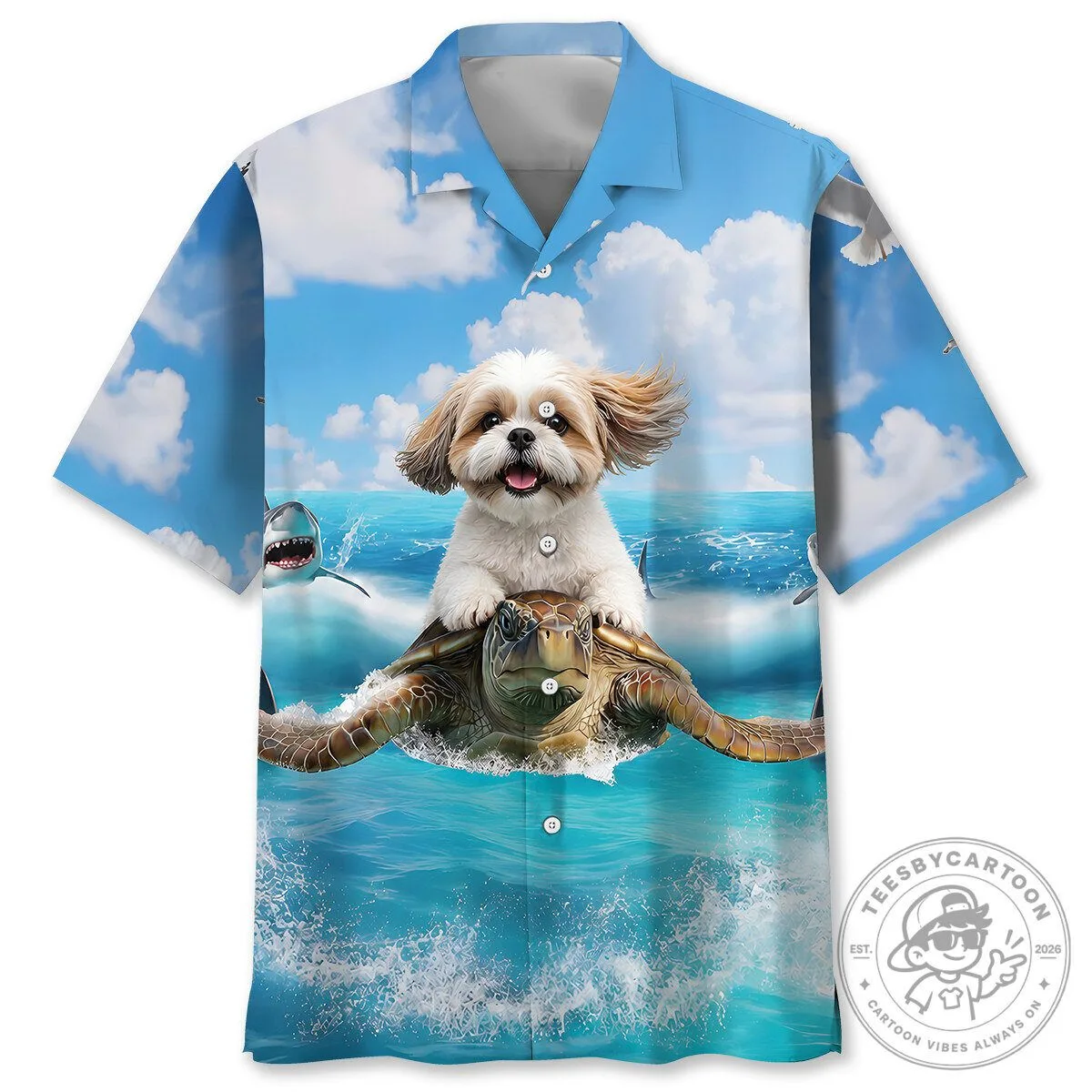 Shih Tzu Puppy Riding Sea Turtle Ocean Adventure Hawaiian Shirt