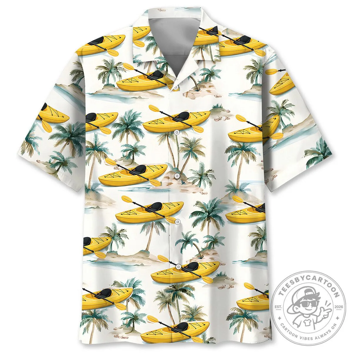 Yellow Kayak and Palm Trees Beach Scene Hawaiian Shirt 1 Yellow Kayak and Palm Trees Beach Scene Hawaiian Shirt