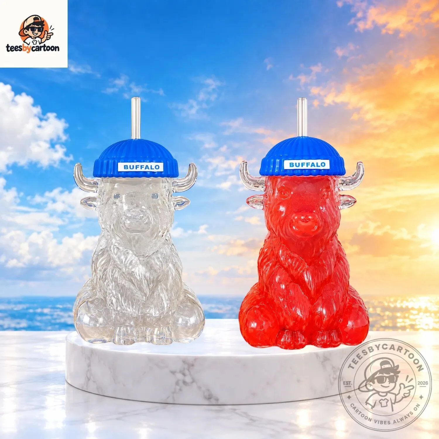 Cute Buffalo Water Bottle with Blue Beanie