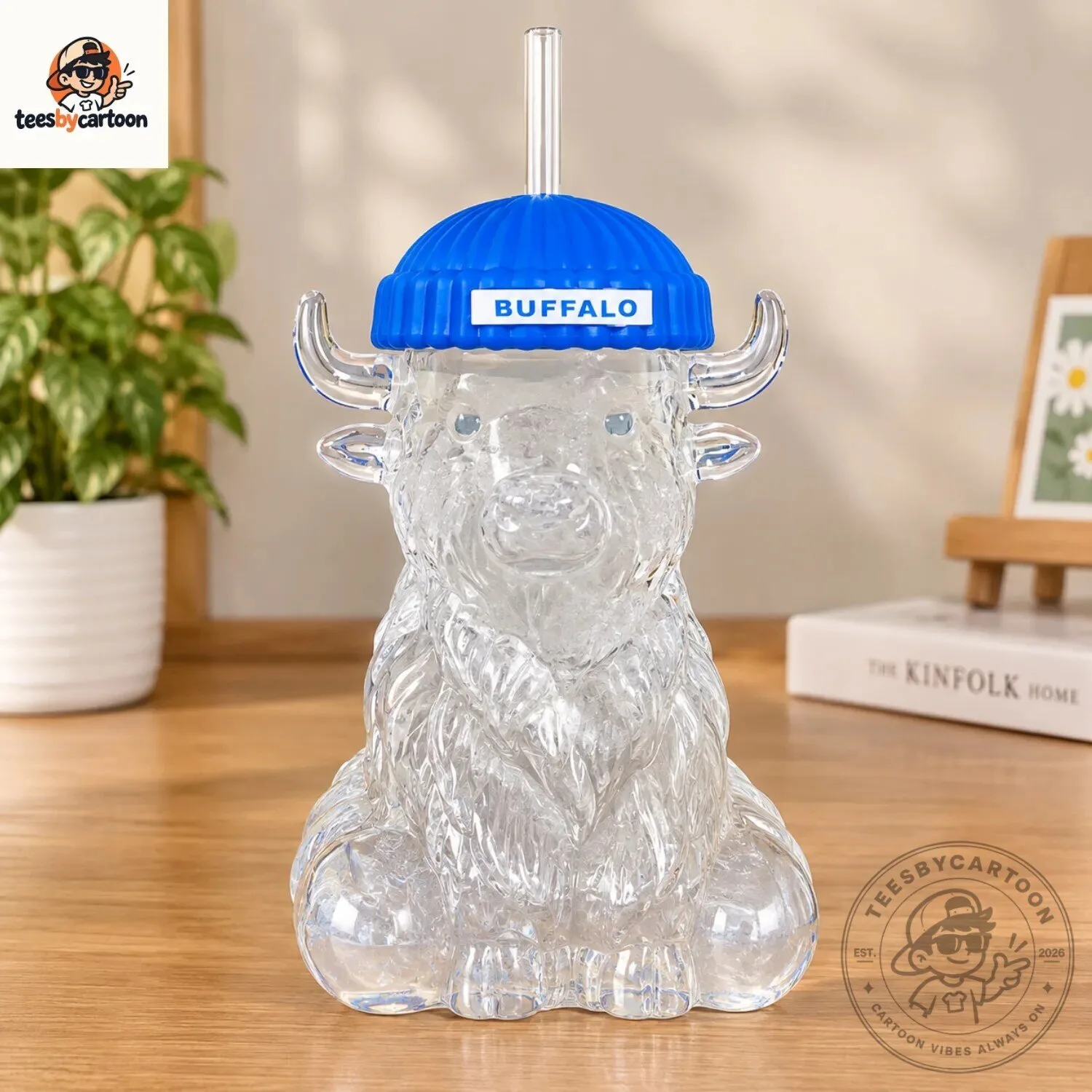 Cute Buffalo Water Bottle with Blue Beanie 4 Cute Buffalo Water Bottle with Blue Beanie