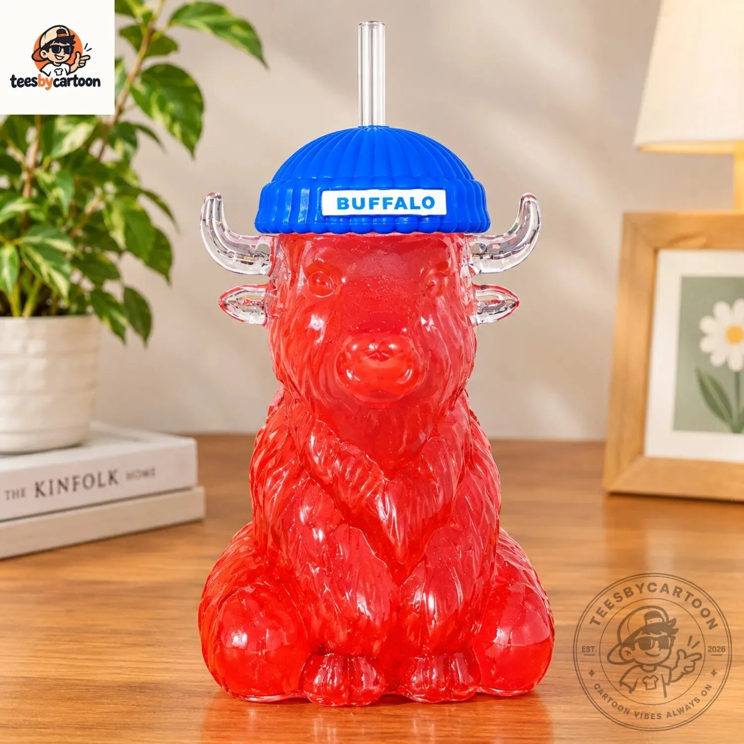 Cute Buffalo Water Bottle with Blue Beanie 5 Cute Buffalo Water Bottle with Blue Beanie