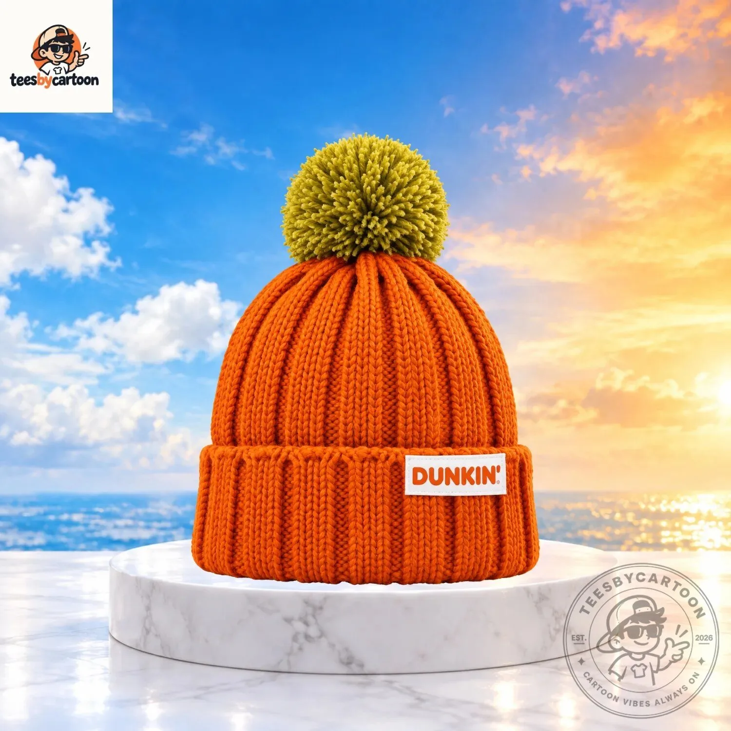 Orange Dunkin Ribbed Knit Beanie with Green Pom-Pom 4 Orange Dunkin Ribbed Knit Beanie with Green Pom-Pom
