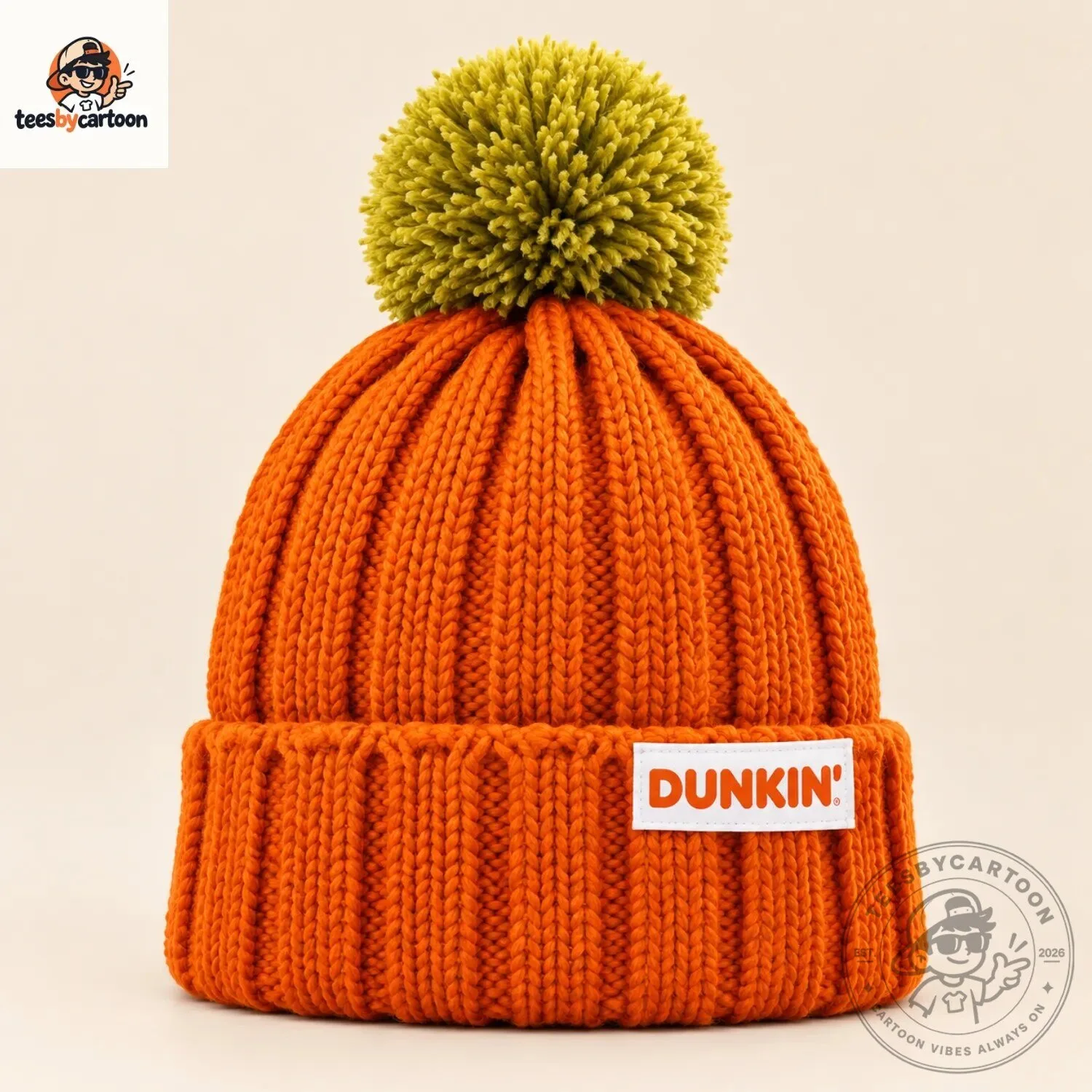 Orange Dunkin Ribbed Knit Beanie with Green Pom-Pom 5 Orange Dunkin Ribbed Knit Beanie with Green Pom-Pom