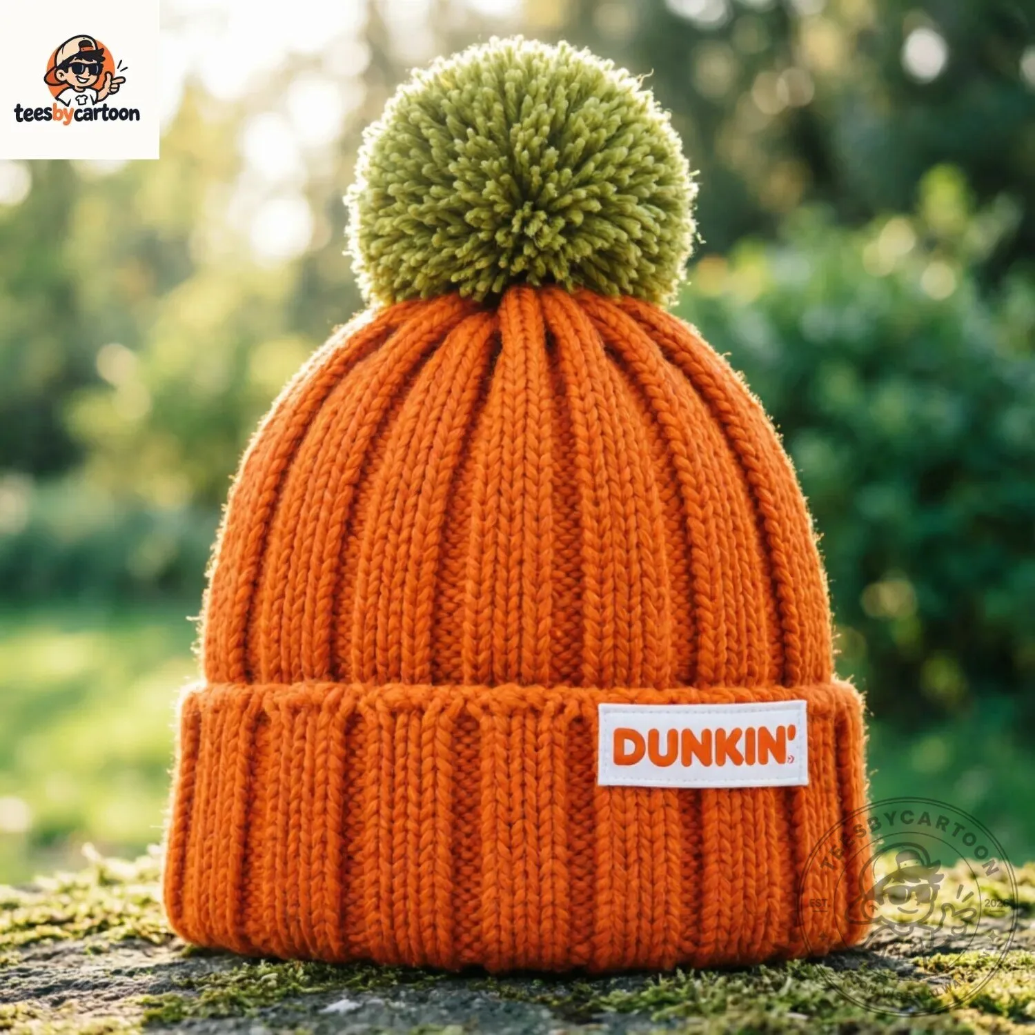 Orange Dunkin Ribbed Knit Beanie with Green Pom-Pom 6 Orange Dunkin Ribbed Knit Beanie with Green Pom-Pom