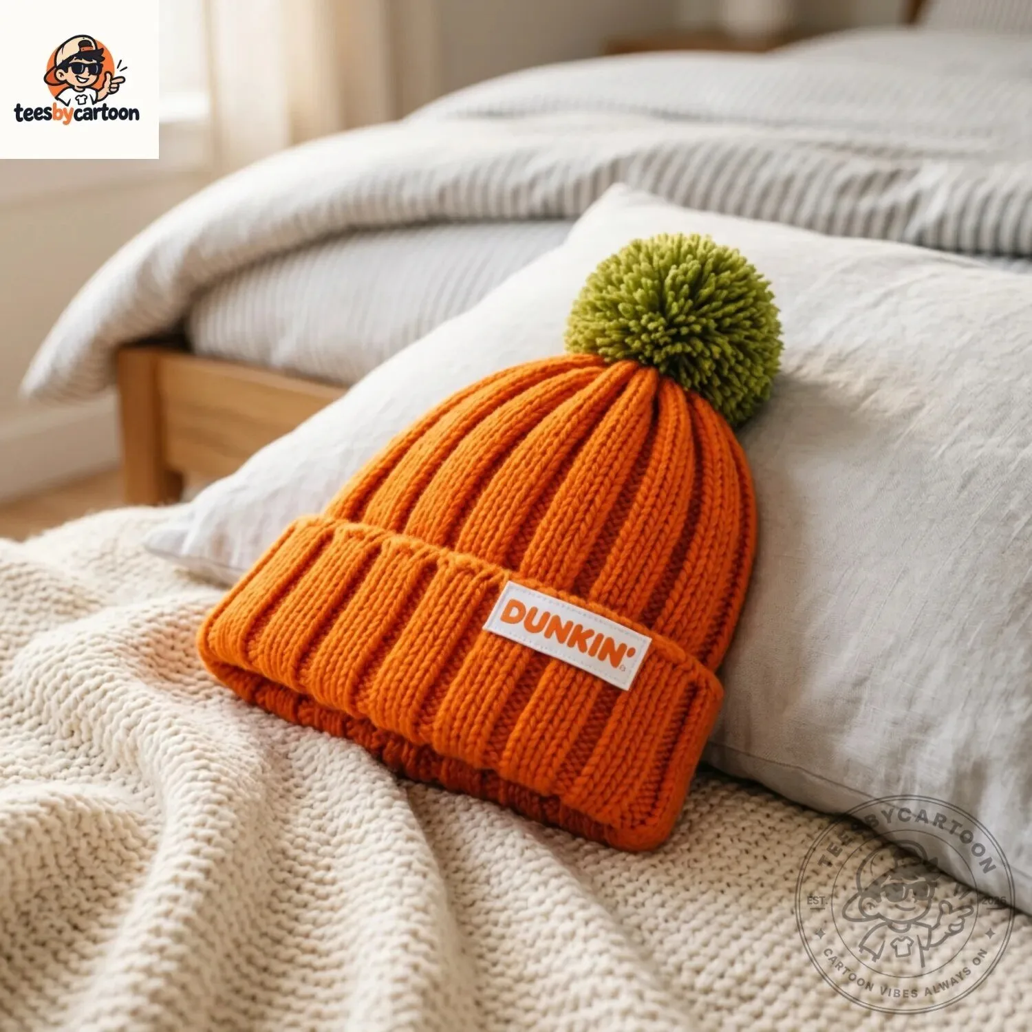 Orange Dunkin Ribbed Knit Beanie with Green Pom-Pom 7 Orange Dunkin Ribbed Knit Beanie with Green Pom-Pom