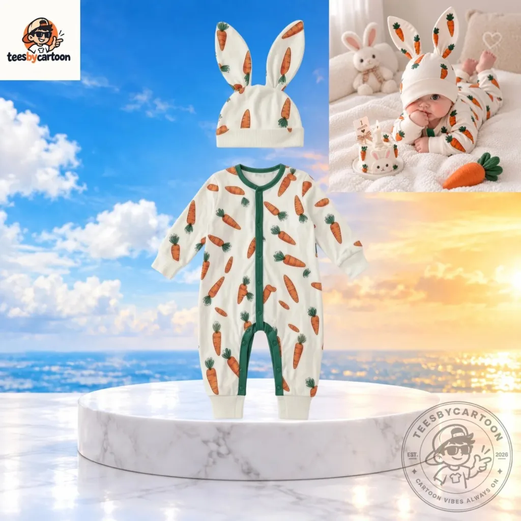 Cute Carrot Pattern Baby Romper With Bunny Ears Hat Set Cute Carrot Pattern Baby Romper With Bunny Ears Hat Set