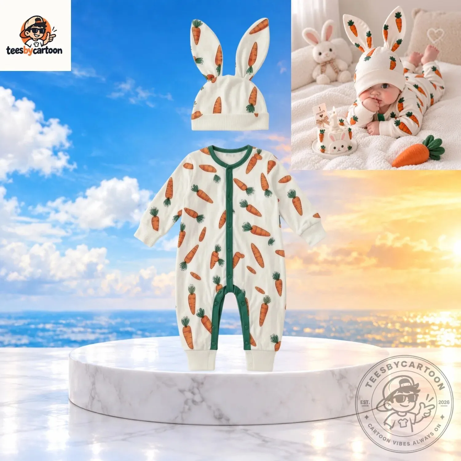 Cute Carrot Pattern Baby Romper With Bunny Ears Hat Set