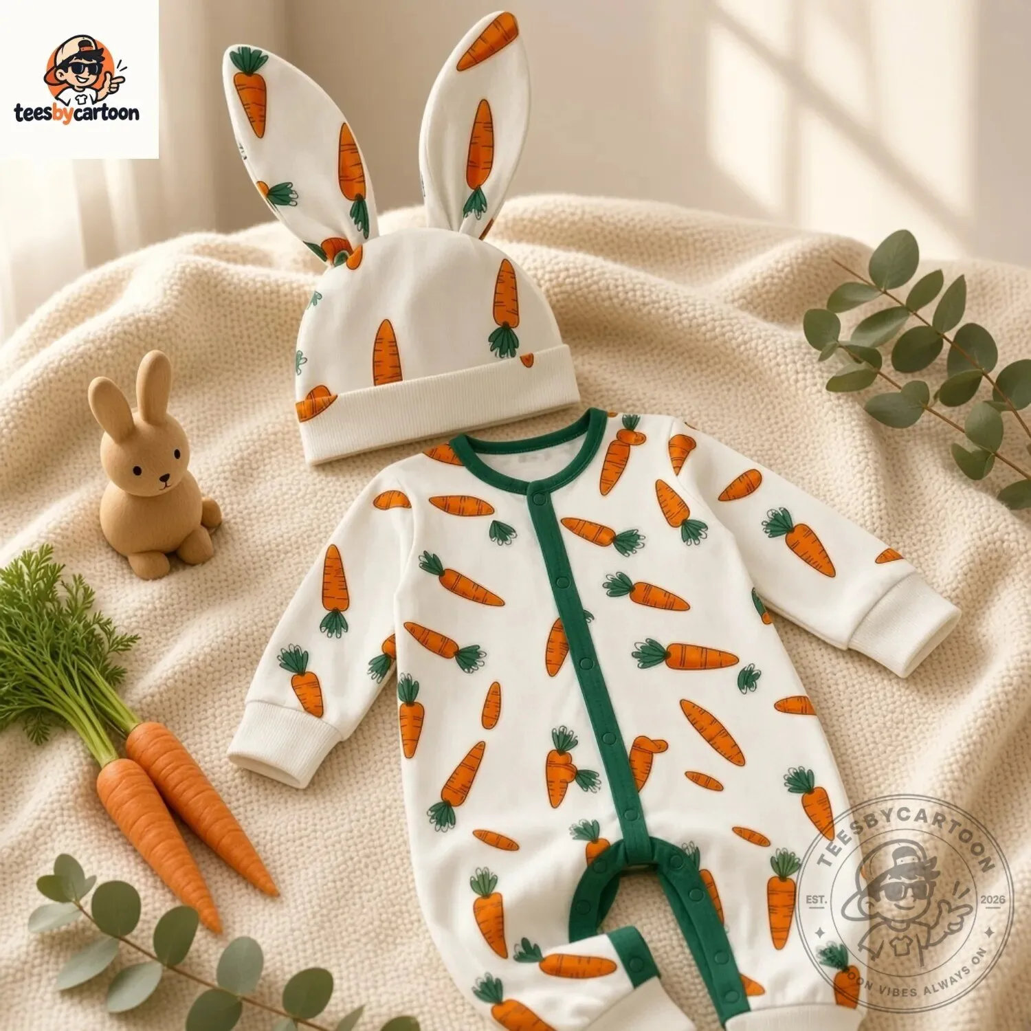 Cute Carrot Pattern Baby Romper With Bunny Ears Hat Set 4 Cute Carrot Pattern Baby Romper With Bunny Ears Hat Set