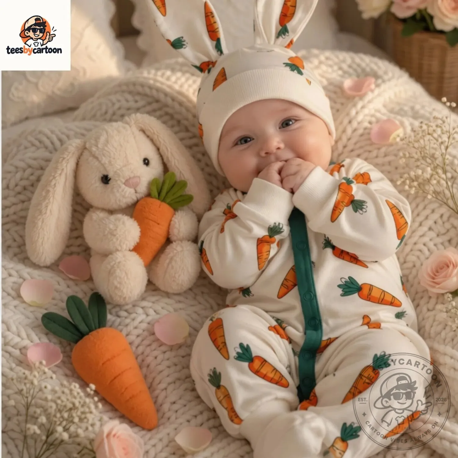 Cute Carrot Pattern Baby Romper With Bunny Ears Hat Set 5 Cute Carrot Pattern Baby Romper With Bunny Ears Hat Set