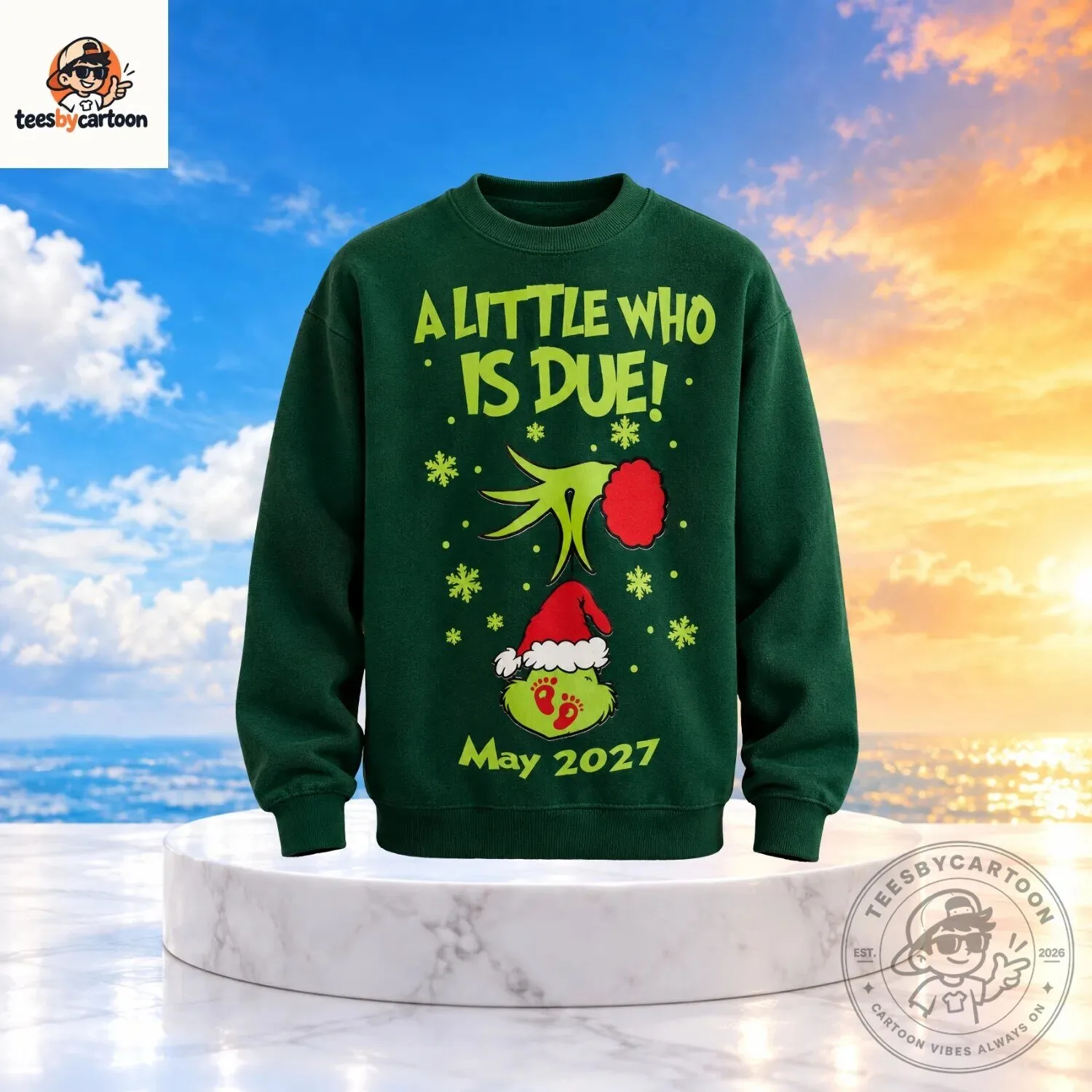 The Grinch A Little Who Is Due May 2027 Christmas Maternity Green Sweatshirt