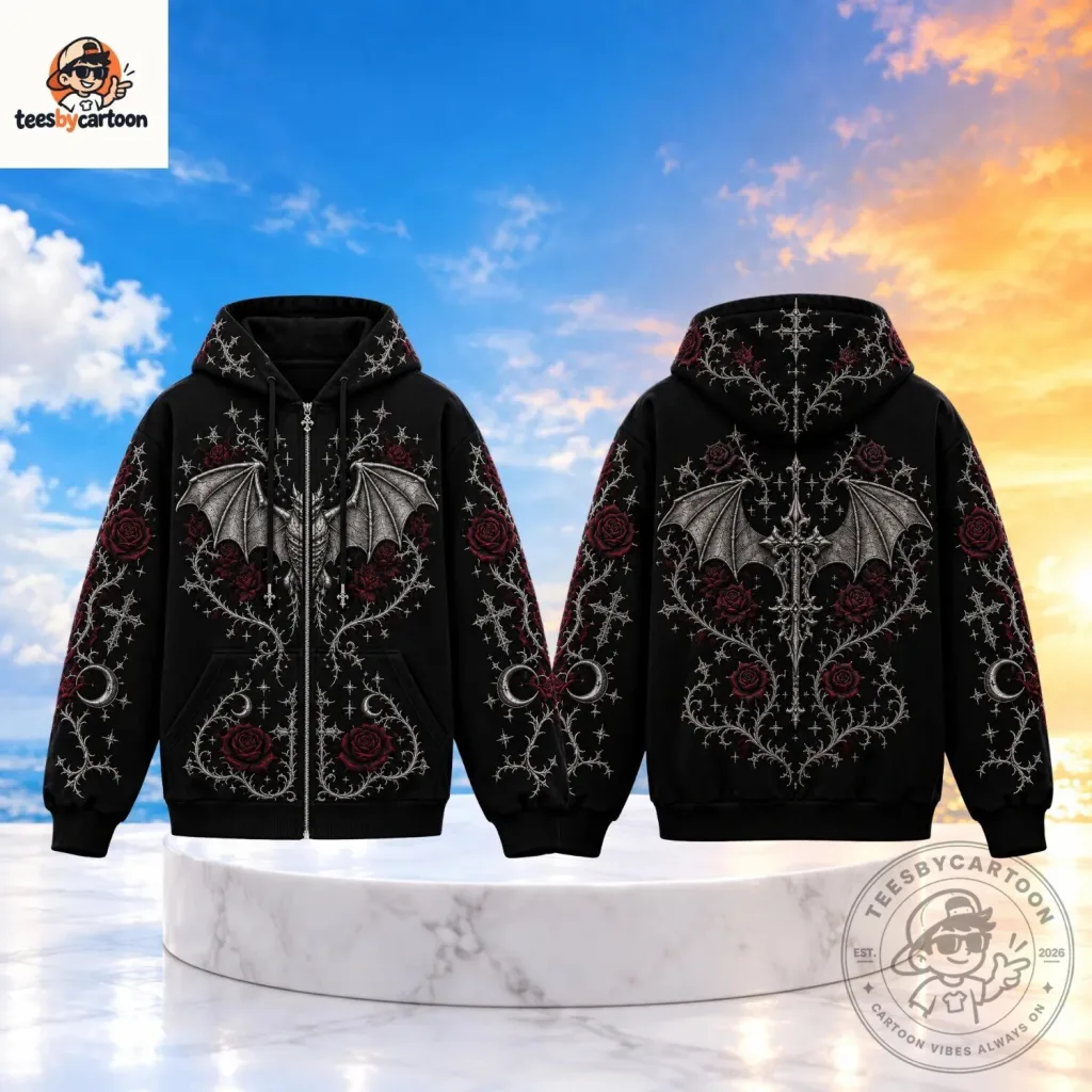 Gothic Bat Wing Rose Skeleton Zip Up Hoodie Gothic Bat Wing Rose Skeleton Zip Up Hoodie