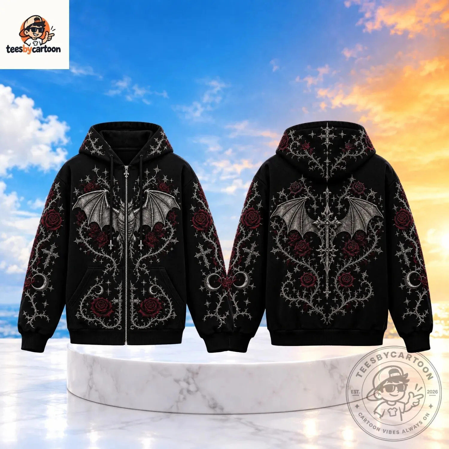 Gothic Bat Wing Rose Skeleton Zip Up Hoodie