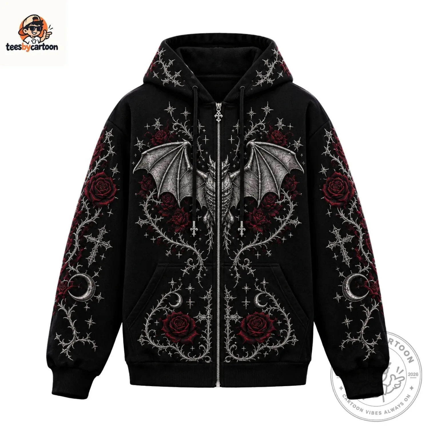 Gothic Bat Wing Rose Skeleton Zip Up Hoodie 5 Gothic Bat Wing Rose Skeleton Zip Up Hoodie