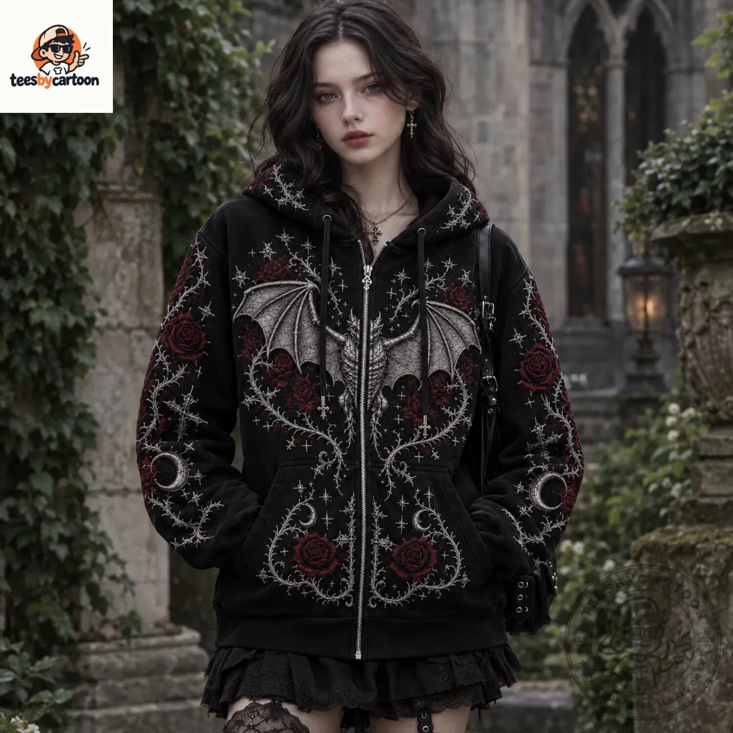 Gothic Bat Wing Rose Skeleton Zip Up Hoodie 7 Gothic Bat Wing Rose Skeleton Zip Up Hoodie