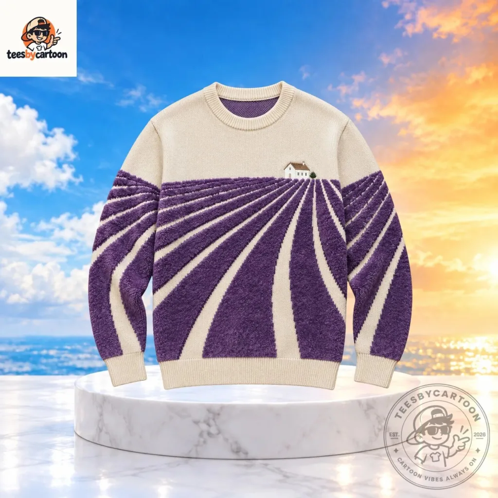 Cottagecore Lavender Field & House Landscape Knit Sweater