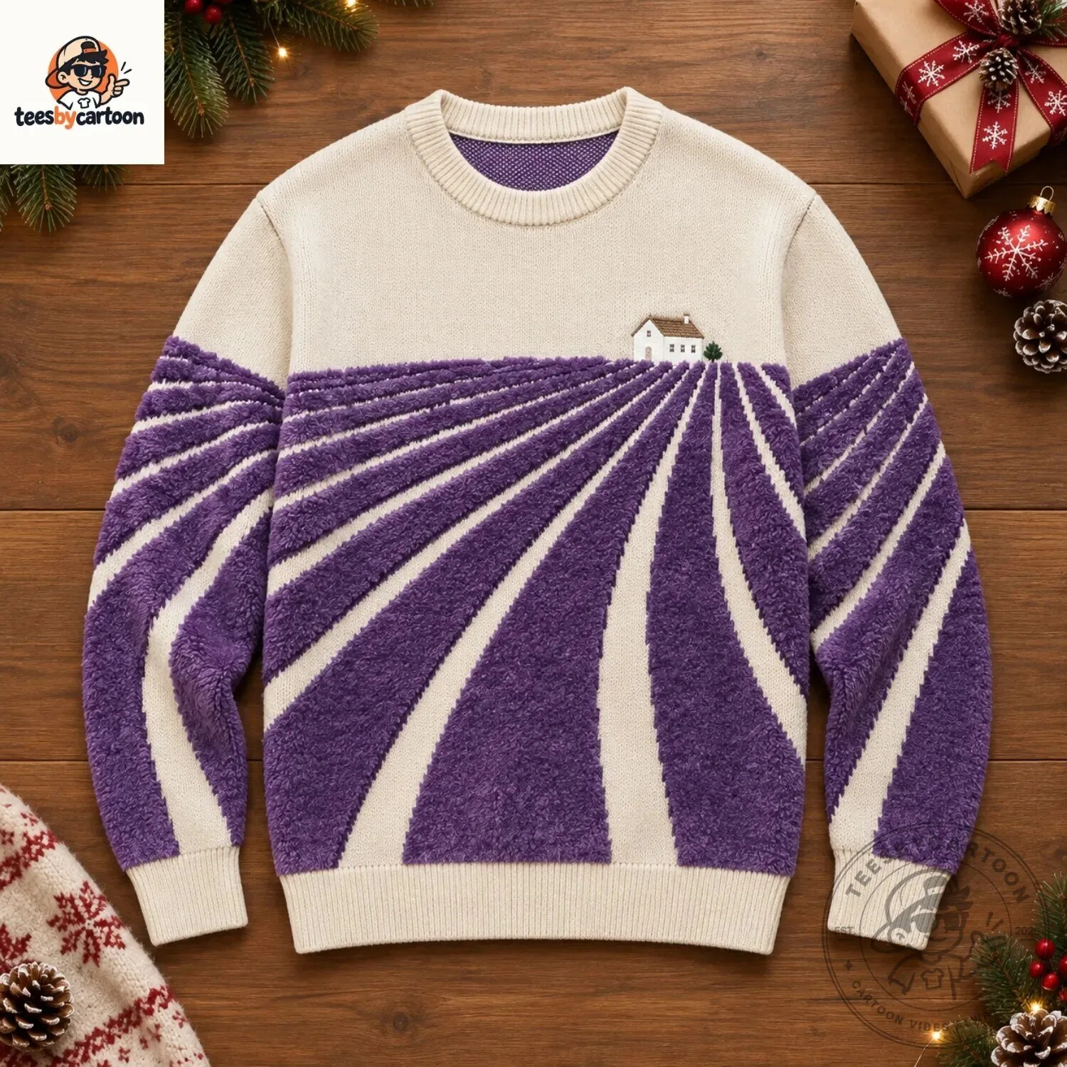 Cottagecore Lavender Field & House Landscape Knit Sweater – image 2 of 4