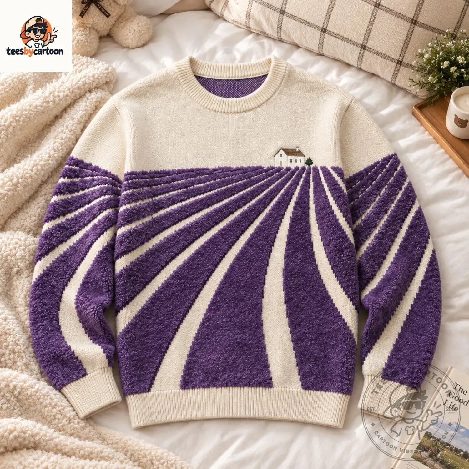 Cottagecore Lavender Field & House Landscape Knit Sweater – image 3 of 4