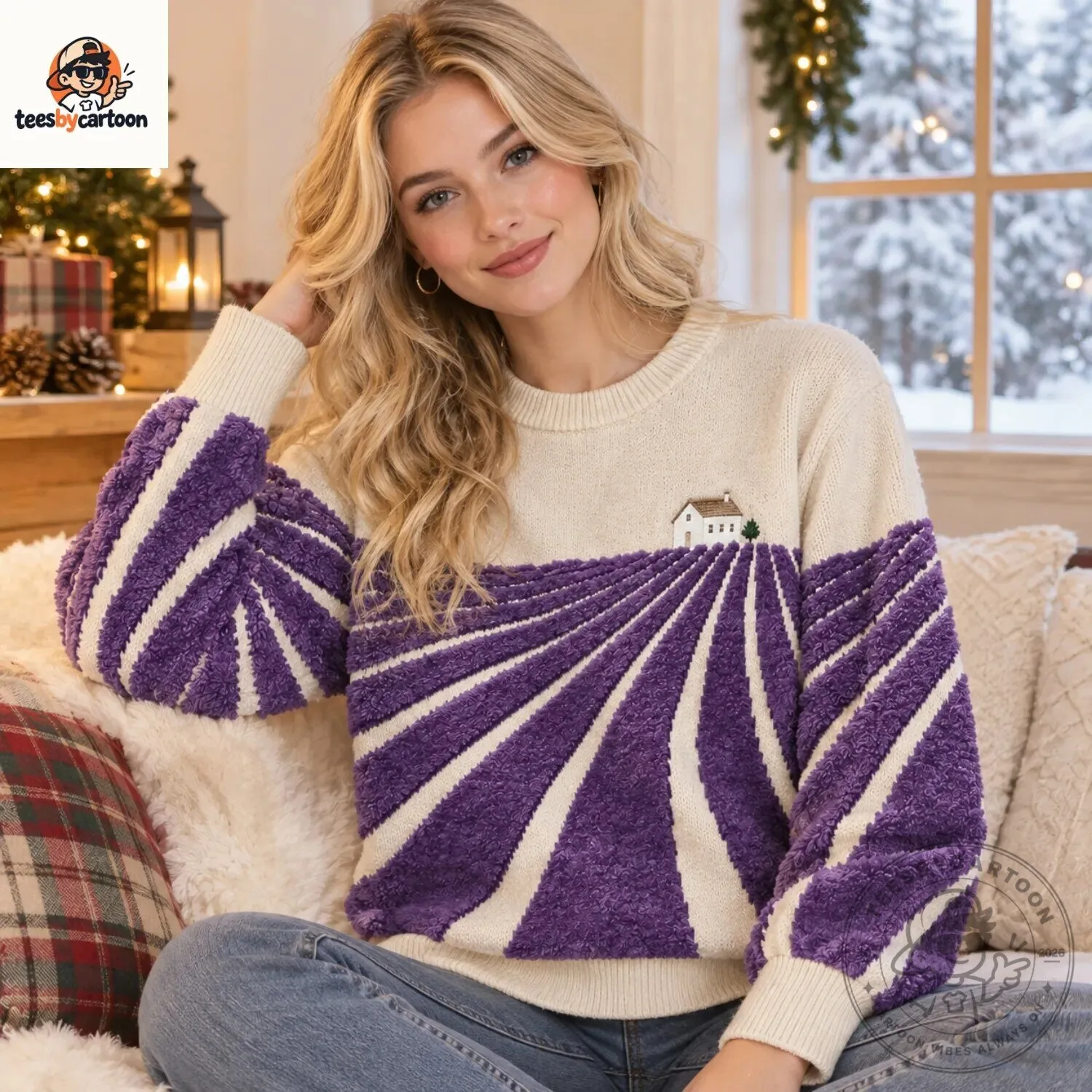 Cottagecore Lavender Field & House Landscape Knit Sweater – image 4 of 4