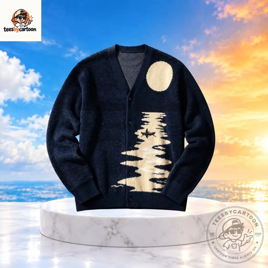 Midnight Moonlight Reflection Rowboat Landscape Knit Cardigan Midnight Moonlight Reflection Rowboat Landscape Knit Cardigan