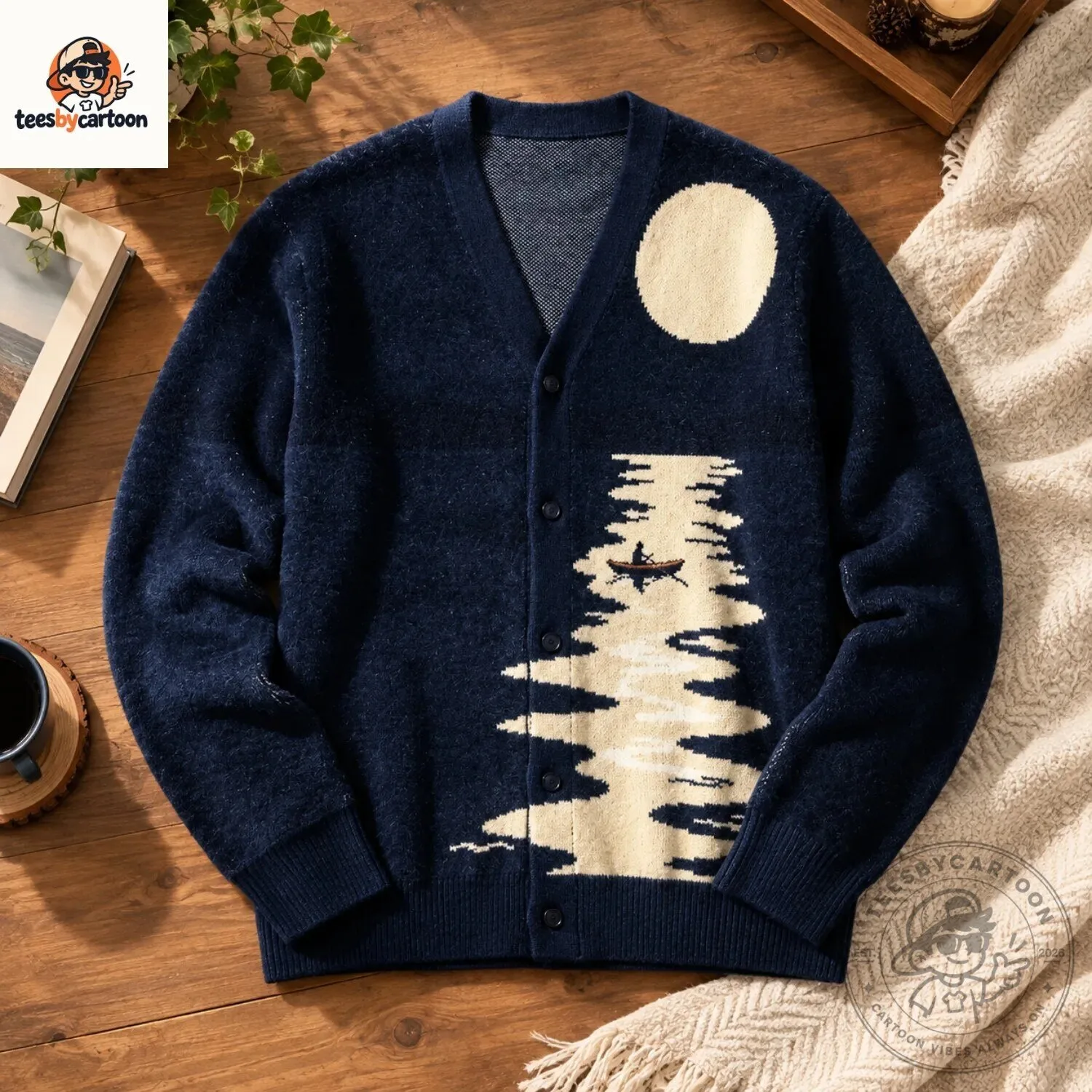 Midnight Moonlight Reflection Rowboat Landscape Knit Cardigan 4 Midnight Moonlight Reflection Rowboat Landscape Knit Cardigan