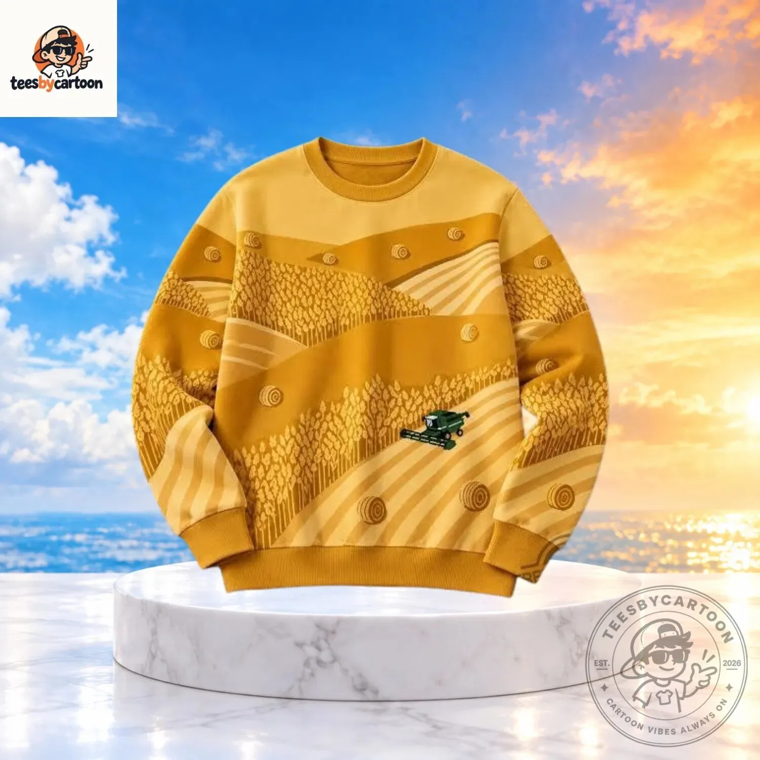 Vintage Wheat Field Combine Harvester Sunset Landscape Sweater