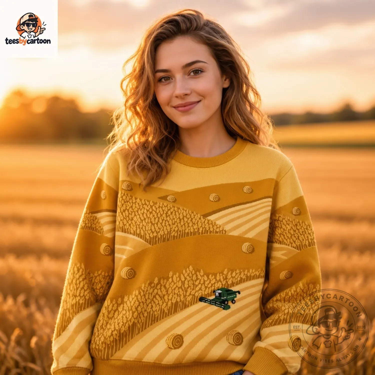Vintage Wheat Field Combine Harvester Sunset Landscape Sweater 7 Vintage Wheat Field Combine Harvester Sunset Landscape Sweater