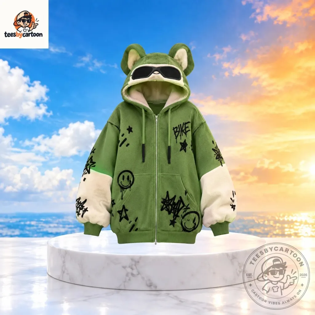 Billie Eilish Custom Y2K Streetwear Graffiti Bear Ear Oversized Zip Up Fleece Hoodie Jacket Billie Eilish Custom Y2K Streetwear Graffiti Bear Ear Oversized Zip Up Fleece Hoodie Jacket